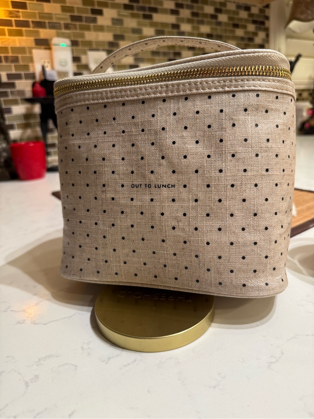 Kate Spade Beige and Black Polka Dot Lunch tote with Gold Zipper